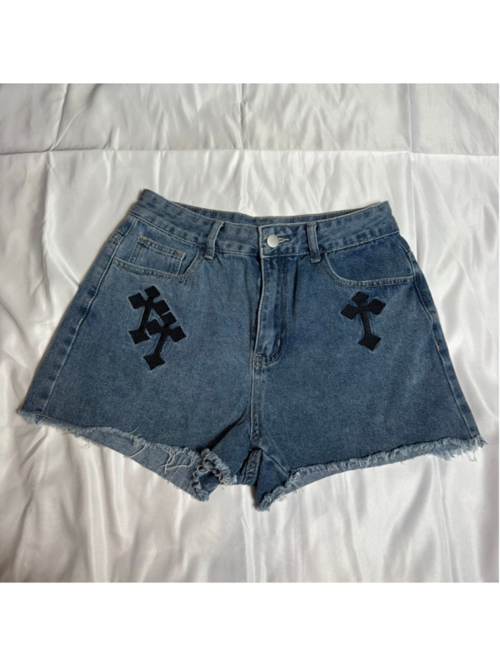 Women's ROMWE Blue Jean Shorts with Black Crosses S